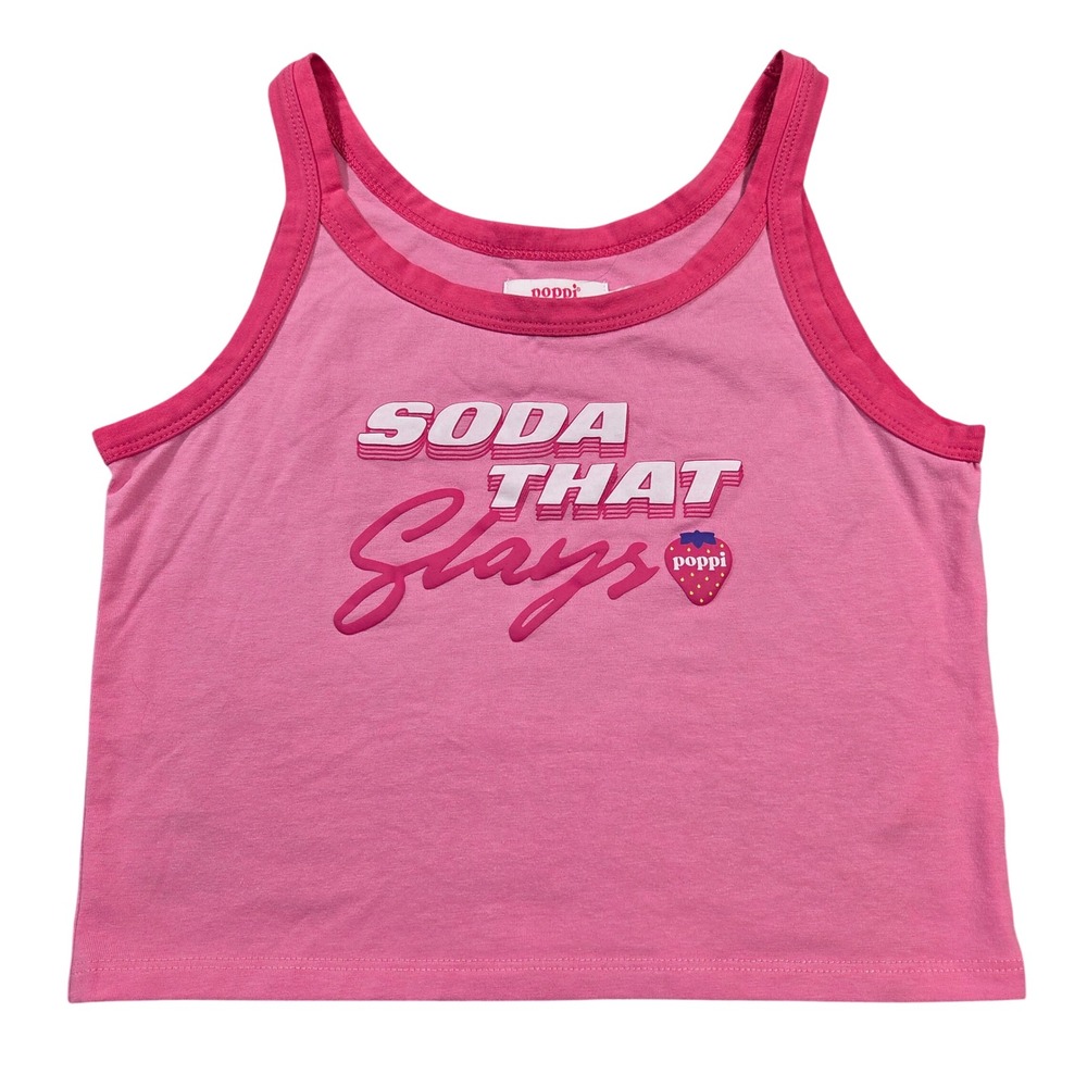 Poppi Soda That Slays Pink Ringer Tank Top Crop XS Strawberry Y2K Style Cute
